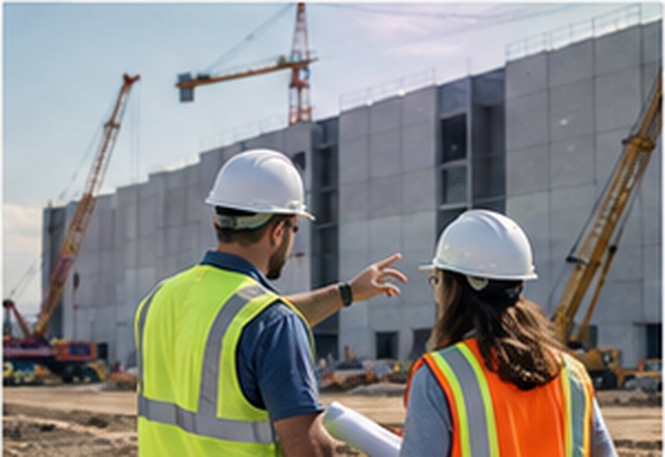 Two workers in hard hats and safety vests facing a building under construction